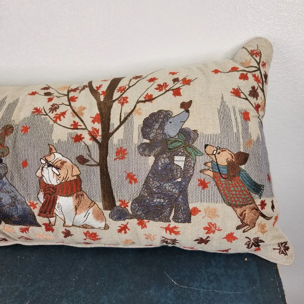 Pier 1 Decorative Pillow City Dogs in the Fall Cushion Fall Embroidered Decor